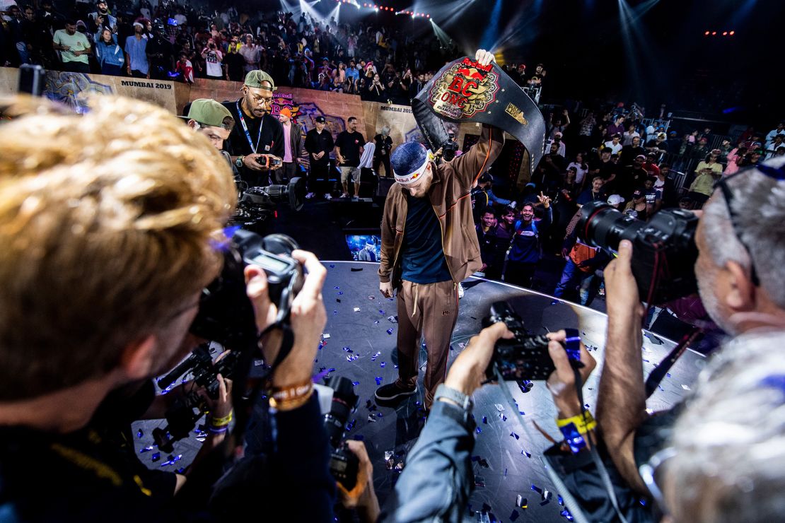 Van Gorp celebrates victory at the Red Bull BC One World Final in Mumbai, India.