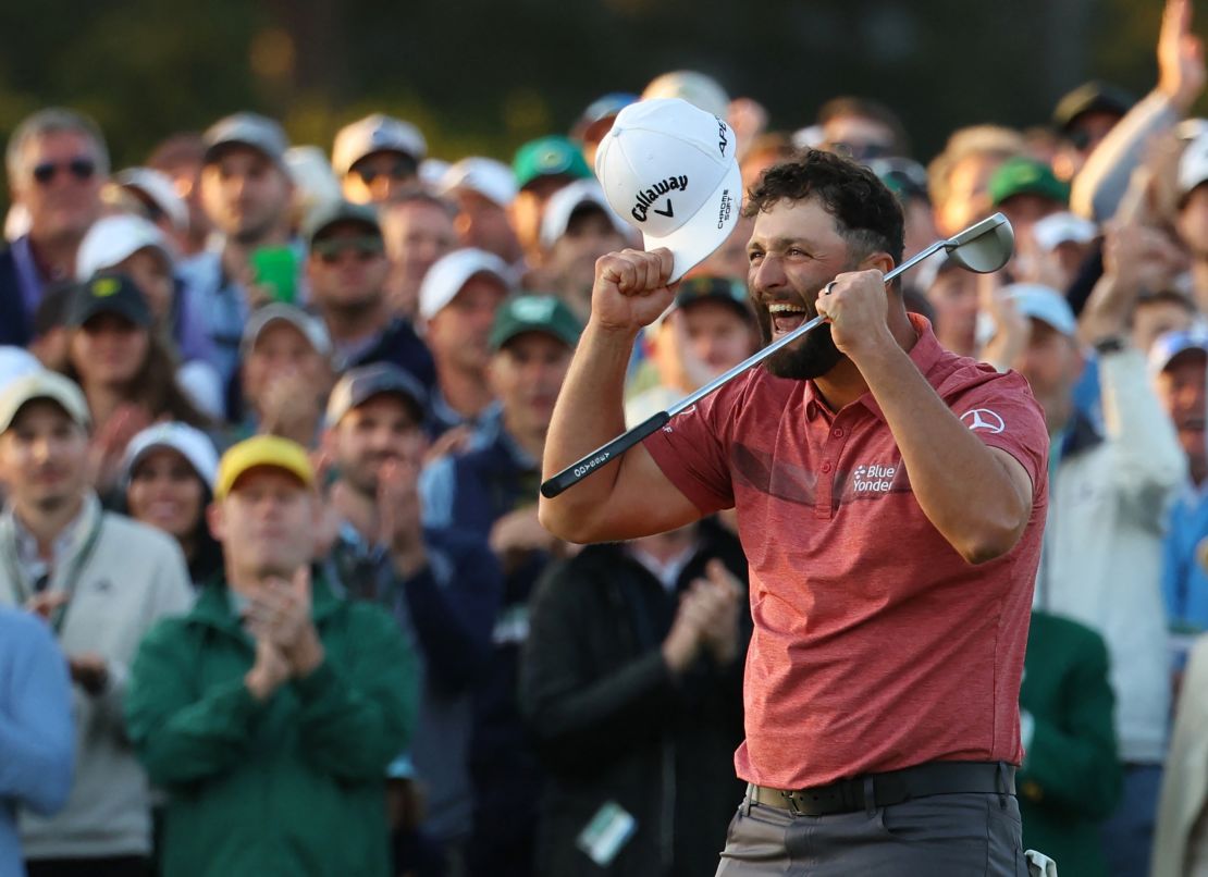 Golf - The Masters - Augusta National Golf Club - Augusta, Georgia, U.S. - April 9, 2023 Spain's Jon Rahm celebrates on the 18th green after winning The Masters REUTERS/Mike Segar