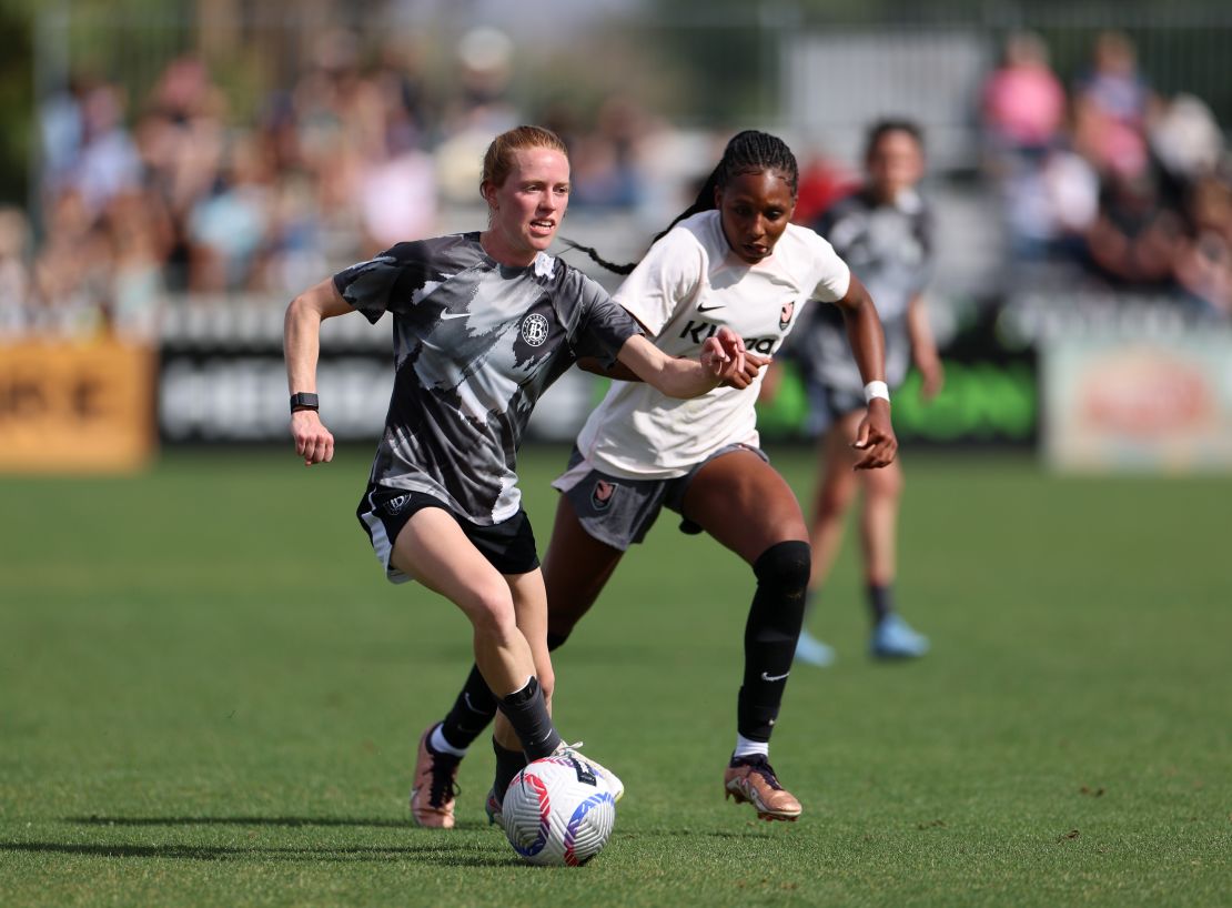 Bay FC midfielder Tess Boade dribbles in a preseason game against Angel City.