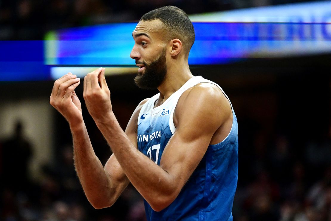 Gobert gestures towards the official after fouling out.