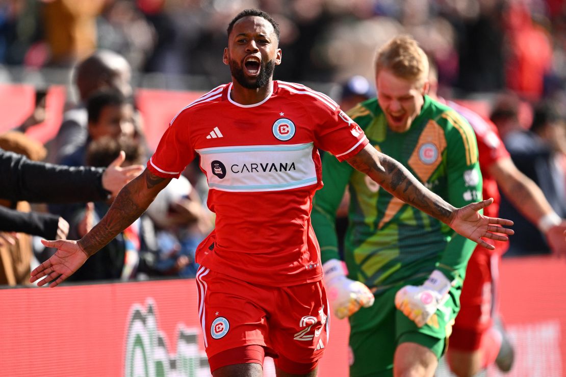 Acosta wheels away celebrating after seeing his long-range strike drop into the back of the net.