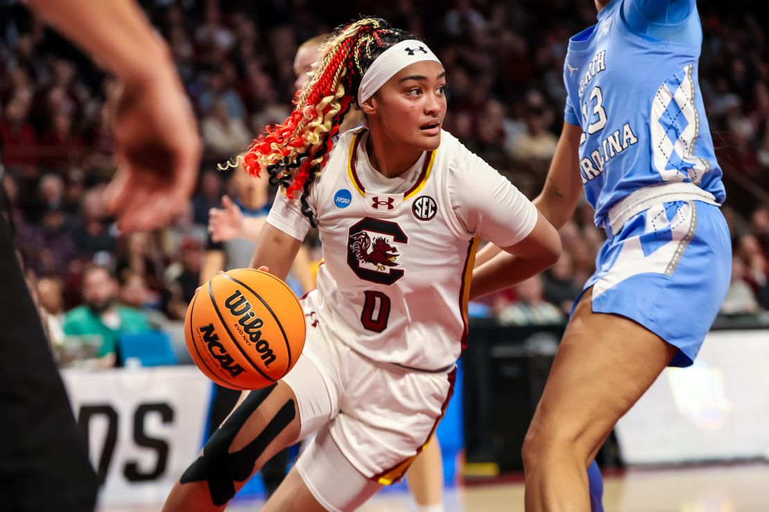 South Carolina guard Te-Hina Paopao drives against the North Carolina Tar Heels.