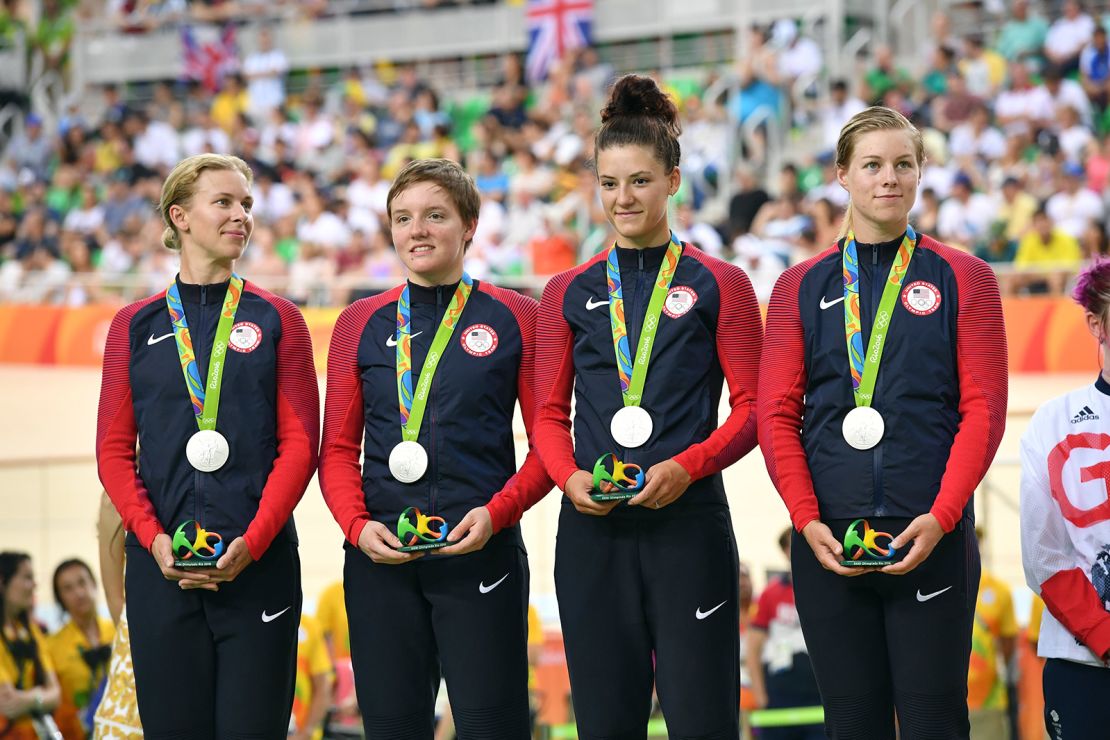 Kelly, with her team and silver medal, representing USA in the Womens Team Pursuit at the Rio Olympics.