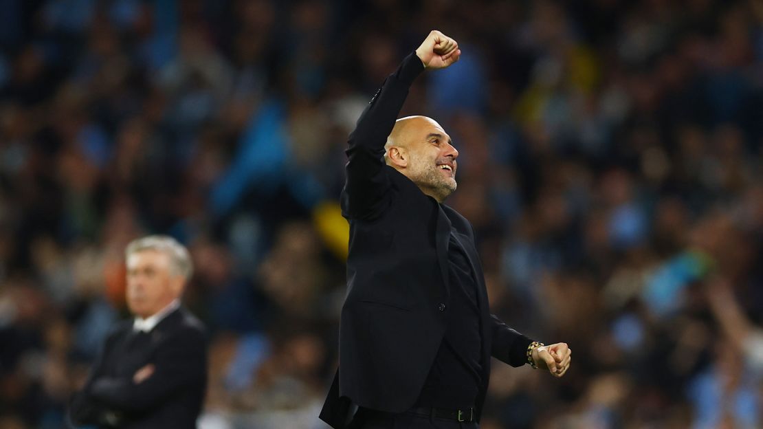 Soccer Football - Champions League - Semi Final - Second Leg - Manchester City v Real Madrid - Etihad Stadium, Manchester, Britain - May 17, 2023
Manchester City manager Pep Guardiola celebrates their fourth goal scored by Julian Alvarez REUTERS/Molly Darlington