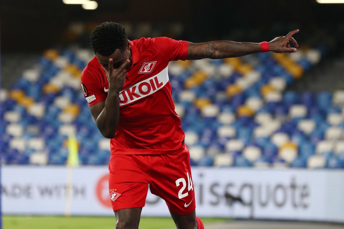 NAPLES, ITALY - SEPTEMBER 30: Quincy Promes of Spartak Moskva celebrates after scoring the 1-3 goal during the UEFA Europa League group C match between SSC Napoli and Spartak Moskva at Stadio Diego Armando Maradona on September 30, 2021 in Naples, Italy. (Photo by Francesco Pecoraro/Getty Images)