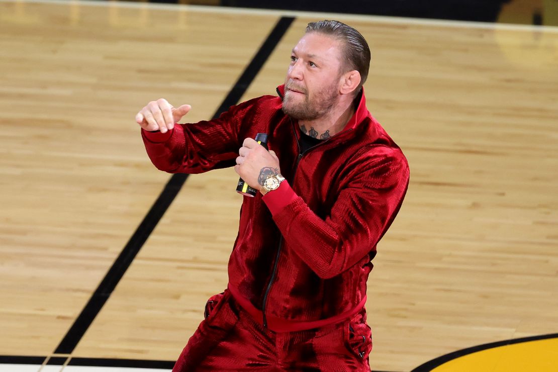 MIAMI, FLORIDA - JUNE 09: Conor McGregor is seen on the court during a timeout in Game Four of the 2023 NBA Finals between the Denver Nuggets and the Miami Heat at Kaseya Center on June 09, 2023 in Miami, Florida. NOTE TO USER: User expressly acknowledges and agrees that, by downloading and or using this photograph, User is consenting to the terms and conditions of the Getty Images License Agreement. (Photo by Megan Briggs/Getty Images)