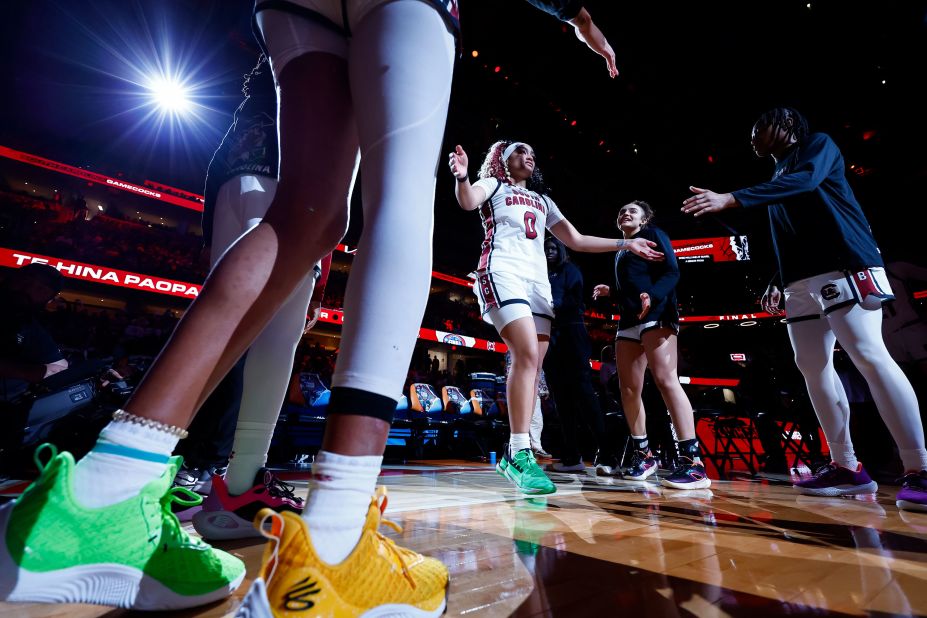 South Carolina's Te-Hina Paopao walks onto the court during player introductions ahead of the game.