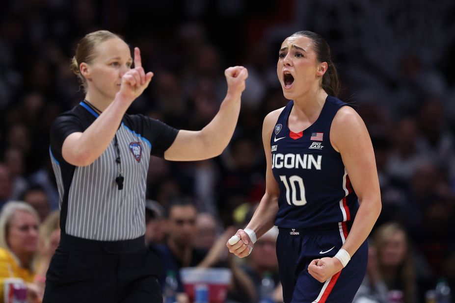 Nika Mühl of the UConn Huskies reacts after a foul in the first half.