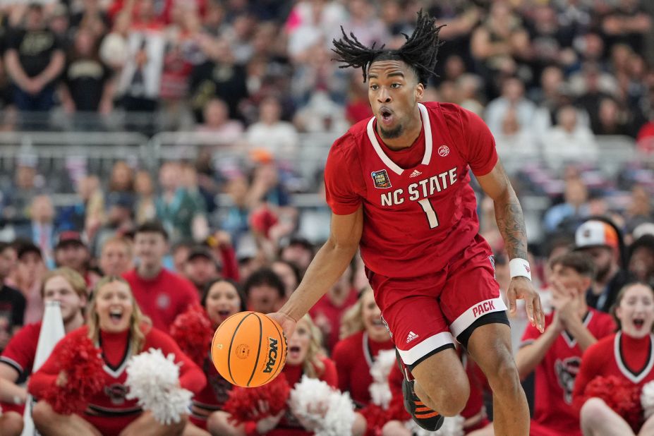 Wolfpack guard Jayden Taylor dibbles the ball.