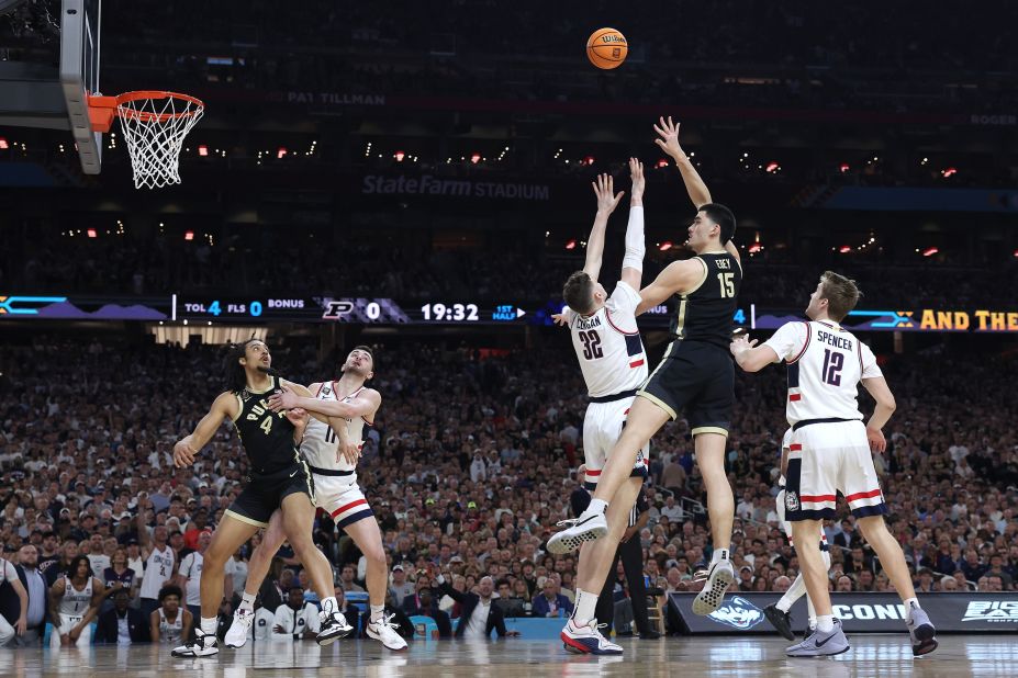 Zach Edey of Purdue attempts a shot.