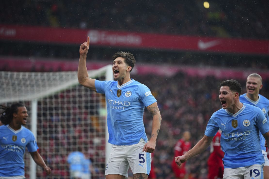 Manchester City's John Stones put his team 1-0 up against Liverpool.