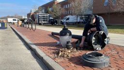 A street light is repaired at UConn in Storrs, Connecticut, on April 4, 2023.