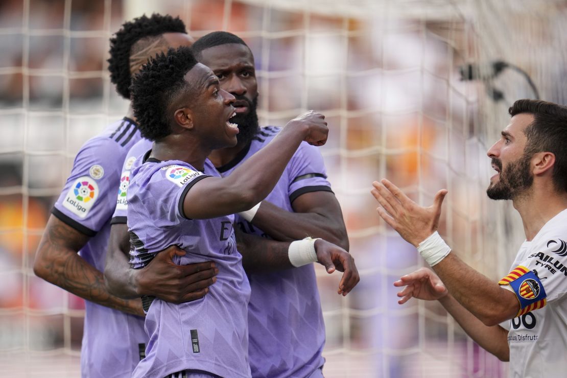 Vinícius reacts after receiving abuse from the stands during Madrid's game against Valencia at the Estadio Mestalla in 2023.