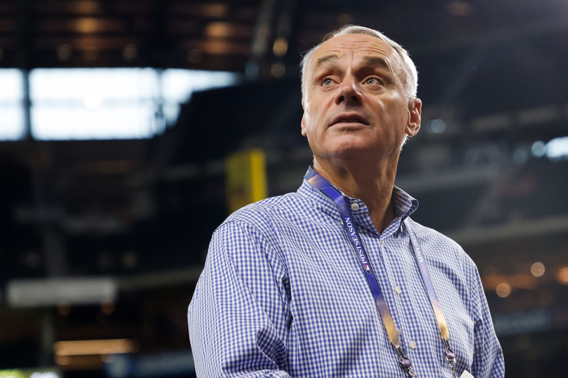 Manfred looks on prior to Game 3 of the American League Division Series between the Baltimore Orioles and the Texas Rangers.