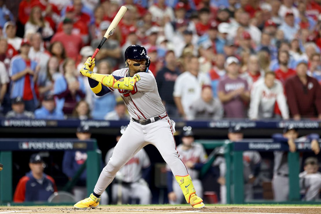 Acuña Jr. bats in the first inning of the Braves' game against the Philadelphia Phillies during Game Four of the 2023 National League Division Series.