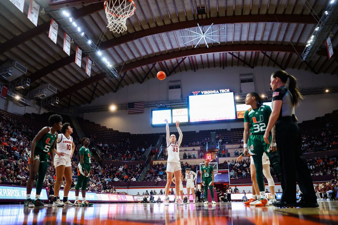 Elizabeth Kitley #33 of the Virginia Tech Hokies shoots a free throw against the Miami Hurricanes in the first half during a game at Cassell Coliseum on January 11 in Blacksburg, Virginia.