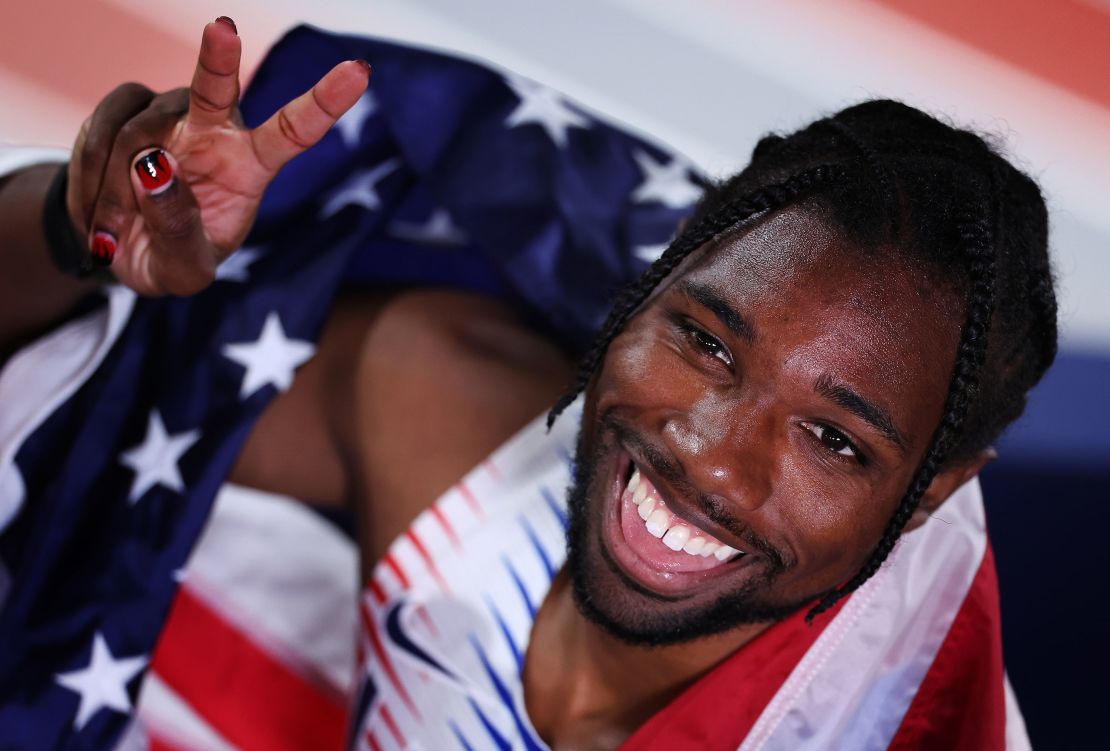 Lyles celebrates after the 4x400m final at this month's indoor world championships in Glasgow, Scotland.