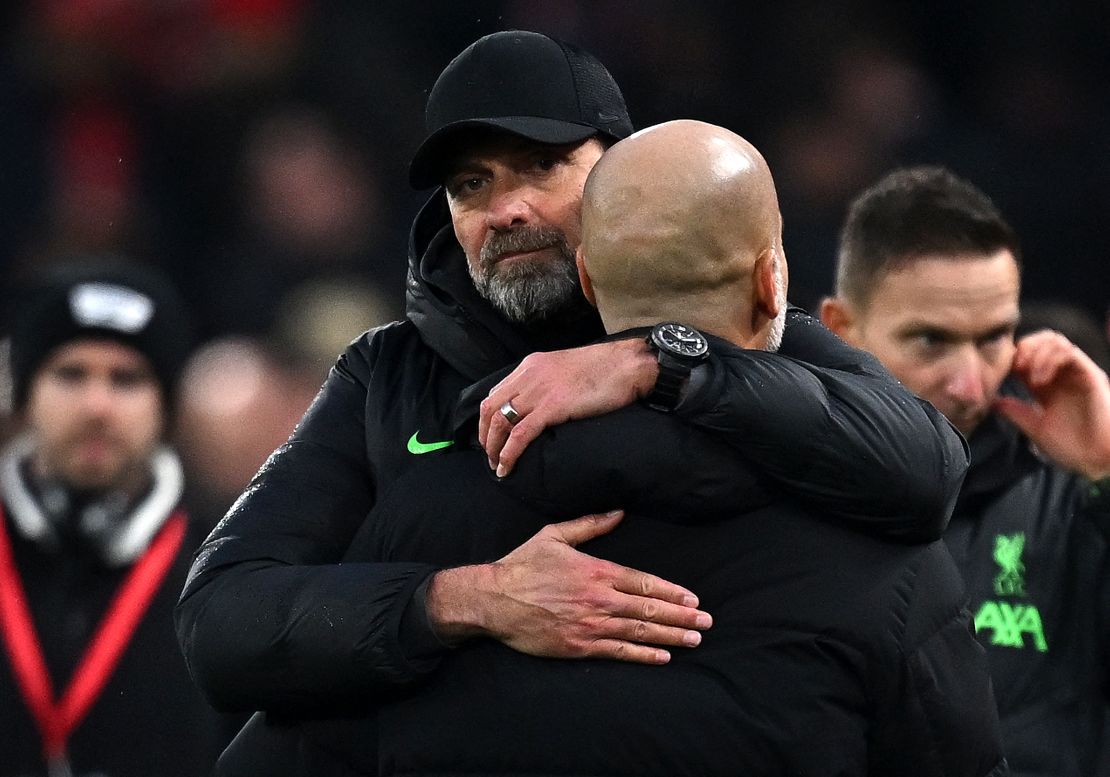 Jürgen Klopp and Pep Guardiola embraced after the 1-1 draw.
