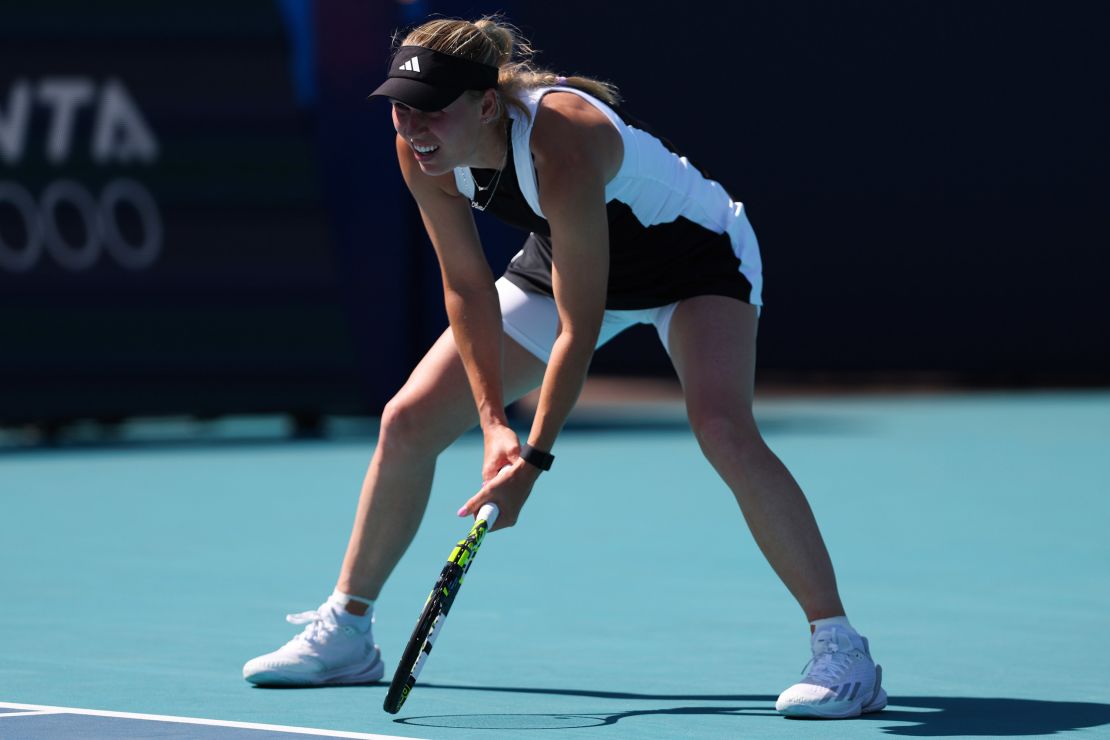 Wozniacki looks on during her match against Clara Burel at the Miami Open.