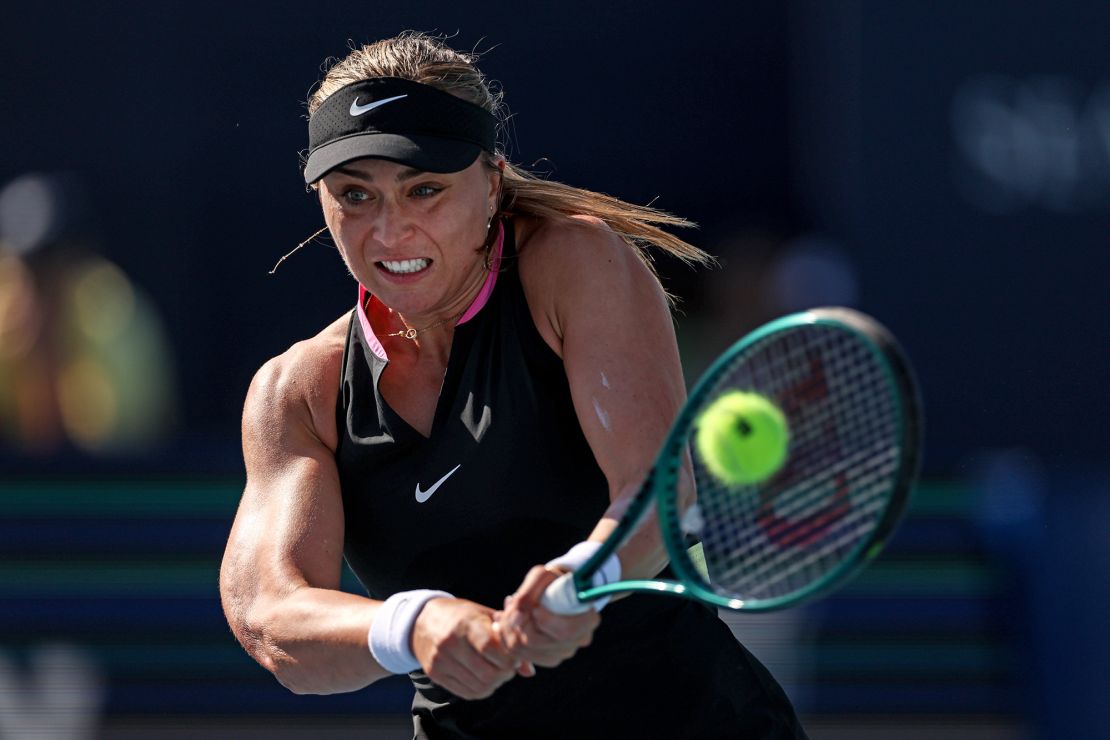 Badosa plays a backhand against Halep in their Miami Open first-round match.