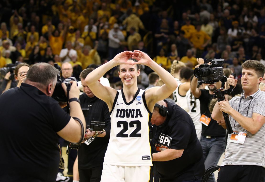 Clark gestures to the crowd during the second round of this year's March Madness.