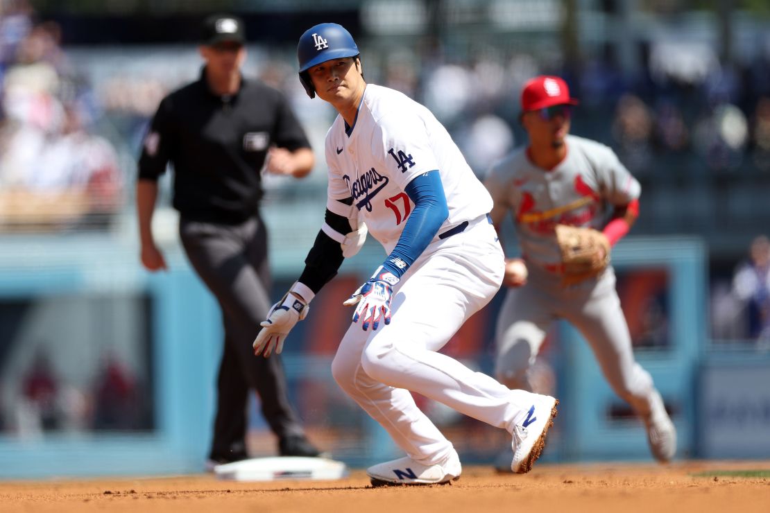 Ohtani stalls at second base after hitting a double during the first inning of a game against the St. Louis Cardinals.