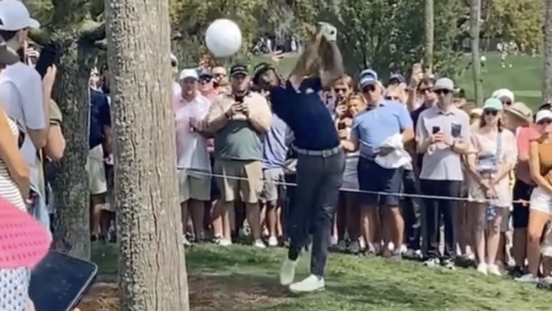 A pro golfer almost hit a fan in the head with his shot. The lucky escapee caught the ‘scary’ moment on camera