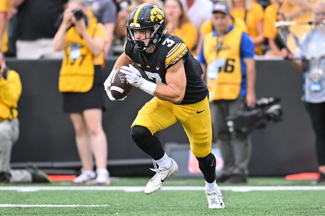 Sep 16, 2023; Iowa City, Iowa, USA; Iowa Hawkeyes defensive back Cooper DeJean (3) returns a punt against the Western Michigan Broncos during the second quarter at Kinnick Stadium. Mandatory Credit: Jeffrey Becker-USA TODAY Sports