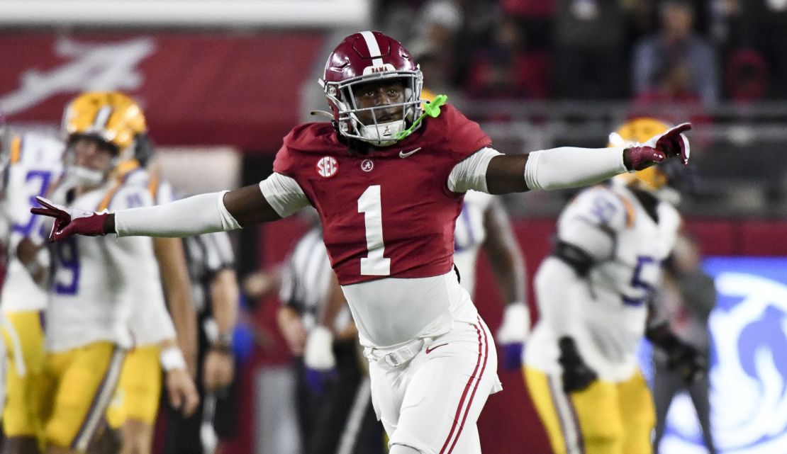 Nov 4, 2023; Tuscaloosa, Alabama, USA; Alabama Crimson Tide defensive back Kool-Aid McKinstry (1) celebrates after a missed field goal by LSU at Bryant-Denny Stadium. Mandatory Credit: Gary Cosby Jr.-USA TODAY Sports