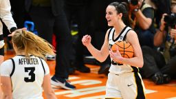 CLEVELAND, OHIO - APRIL 05: Caitlin Clark #22 of the Iowa Hawkeyes reacts after beating the UConn Huskies during the NCAA Women's Basketball Tournament Final Four semifinal game at Rocket Mortgage Fieldhouse on April 05, 2024 in Cleveland, Ohio. Iowa defeated Connecticut 71-69 (Photo by Jason Miller/Getty Images)