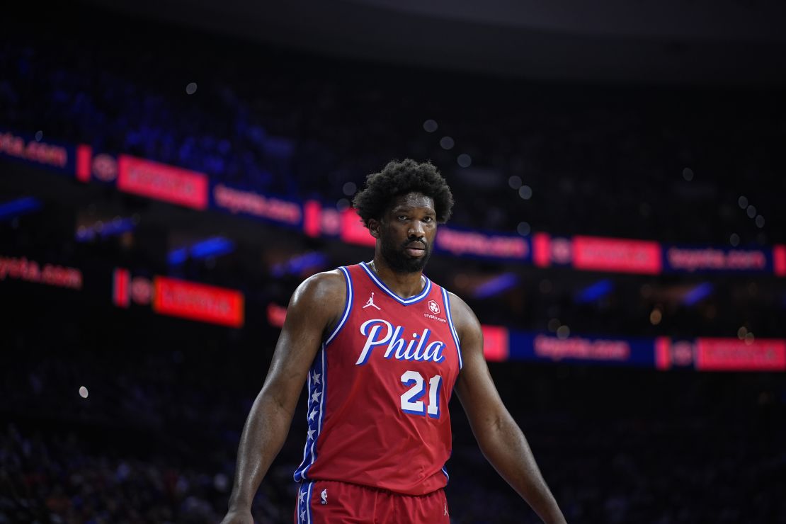 Embiid looks on during Game 4.