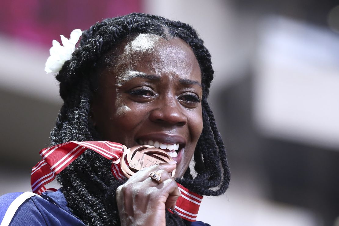 Montaño being awarded her bronze medal from the 2013 world championships in 2019.