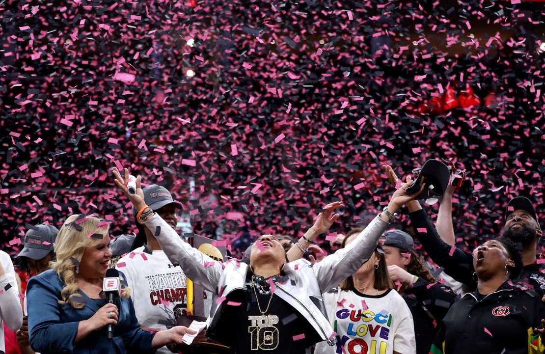 Staley celebrates winning her third national title.