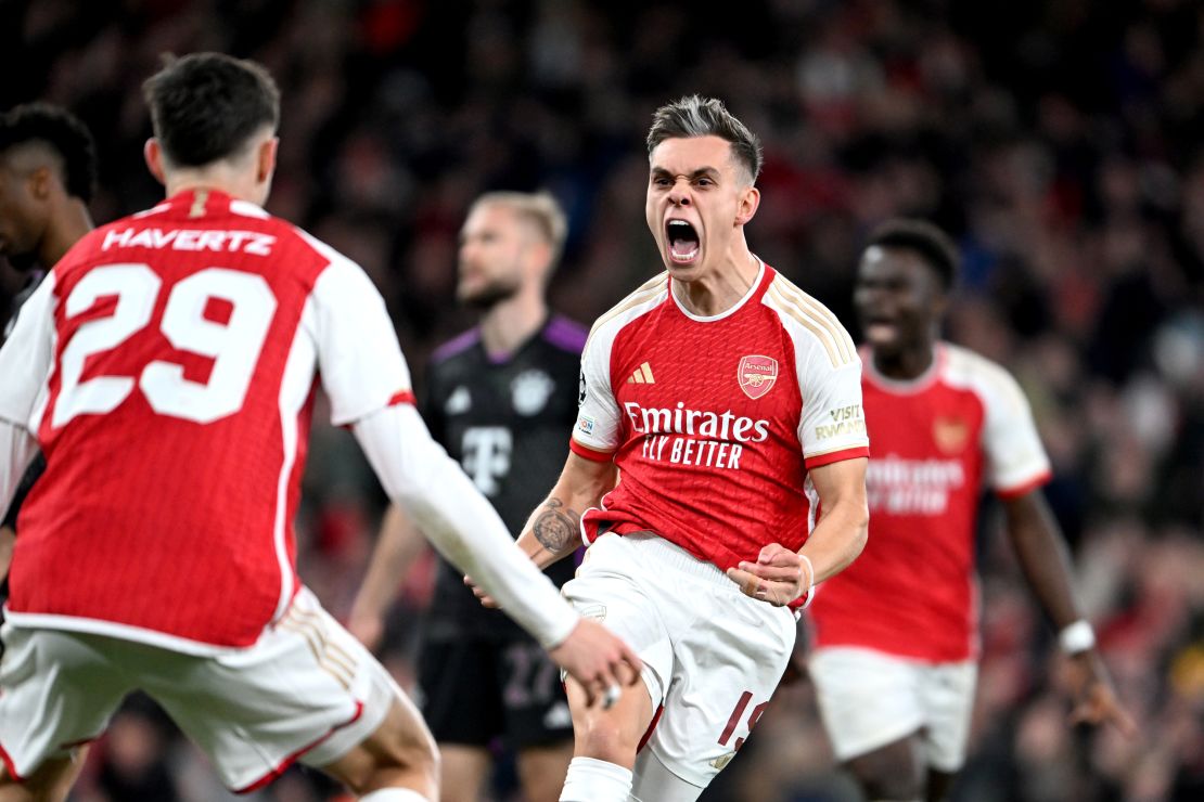 Leandro Trossard celebrates after scoring the equalizer against Bayern Munich.