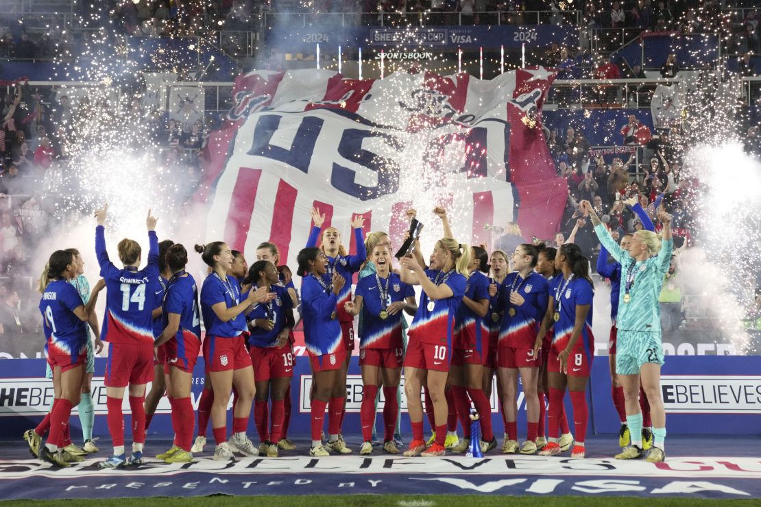 US players celebrate winning the SheBelieves Cup.