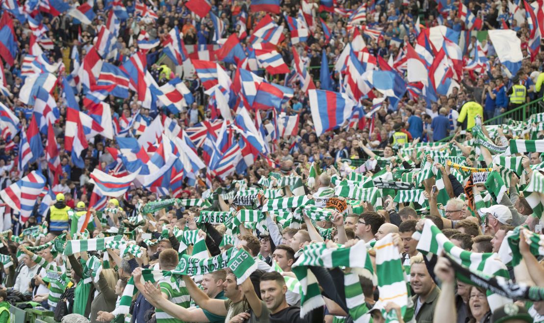 Celtic and Rangers fans at the start of the Scottish Premiership match between Celtic and Rangers at Celtic Park on September 10, 2016 in Glasgow.