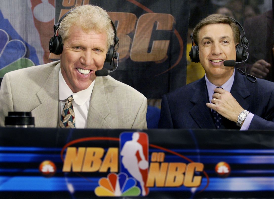 NBC basketball announcers Bill Walton and Marv Albert pose before the start of Game 4 of the NBA Finals in East Rutherford, New Jersey, on June 12, 2002.