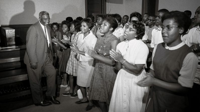 Robinson attends a meeting for Freedom Marchers in Williamston, North Carolina, in 1964. He was there to lend his name to the integration efforts in the city.