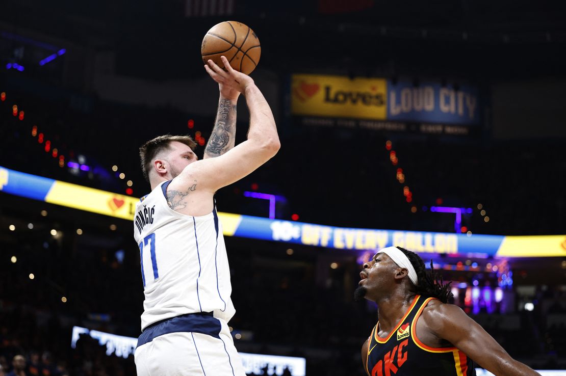 Dončić shoots a three-pointer during Game 5 against the Thunder.