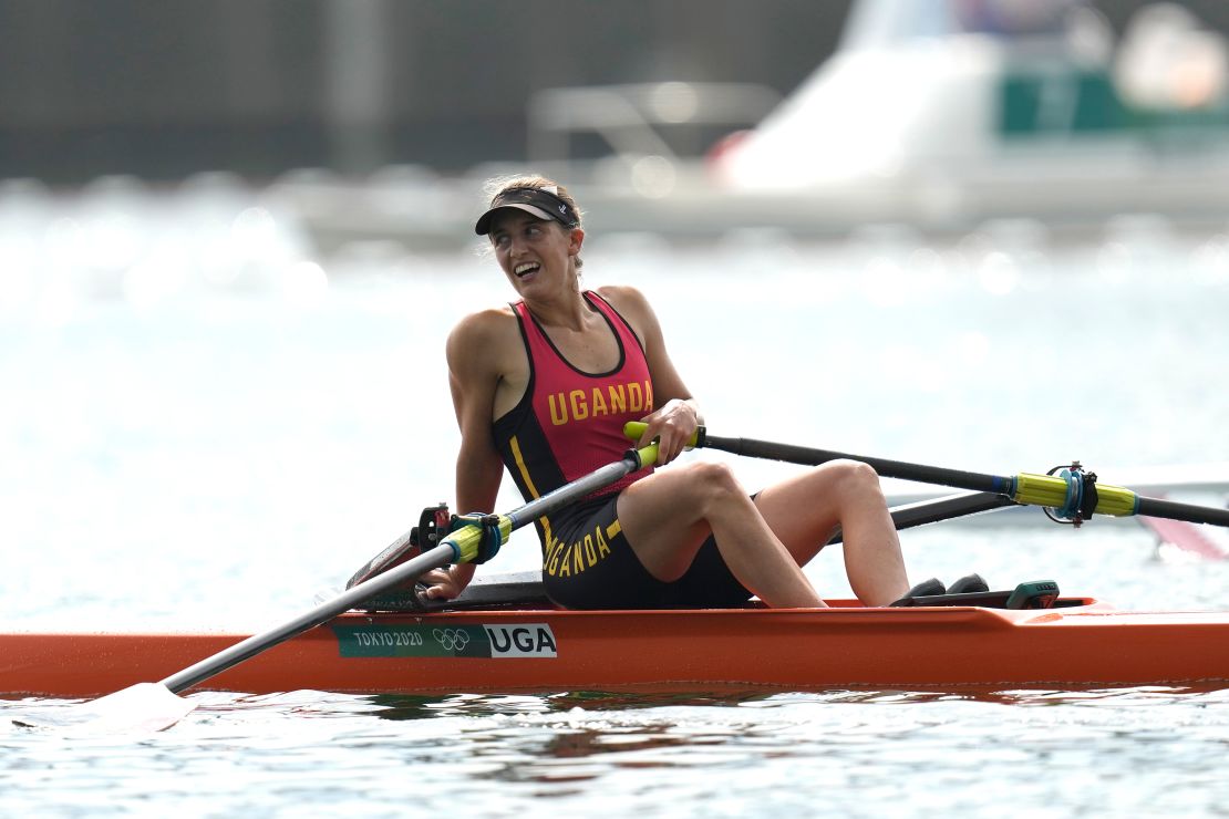 Kathleen Noble competes in the single sculls final at the Tokyo Olympics.