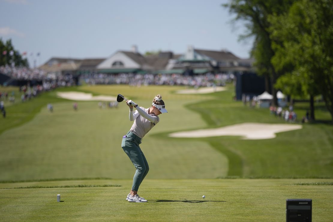 Korda tees off on the 18th hole during the first round.