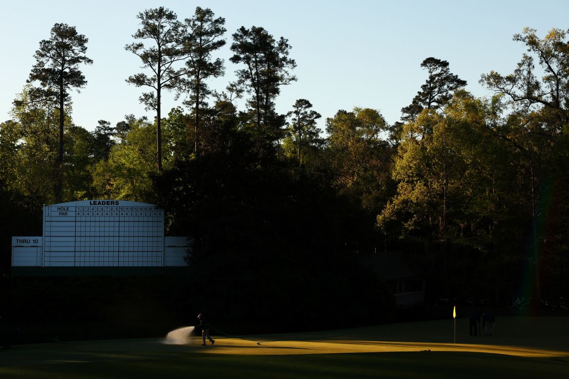 The 11th green is prepared prior to the 2024 Masters Tournament at Augusta National Golf Club on April 6.