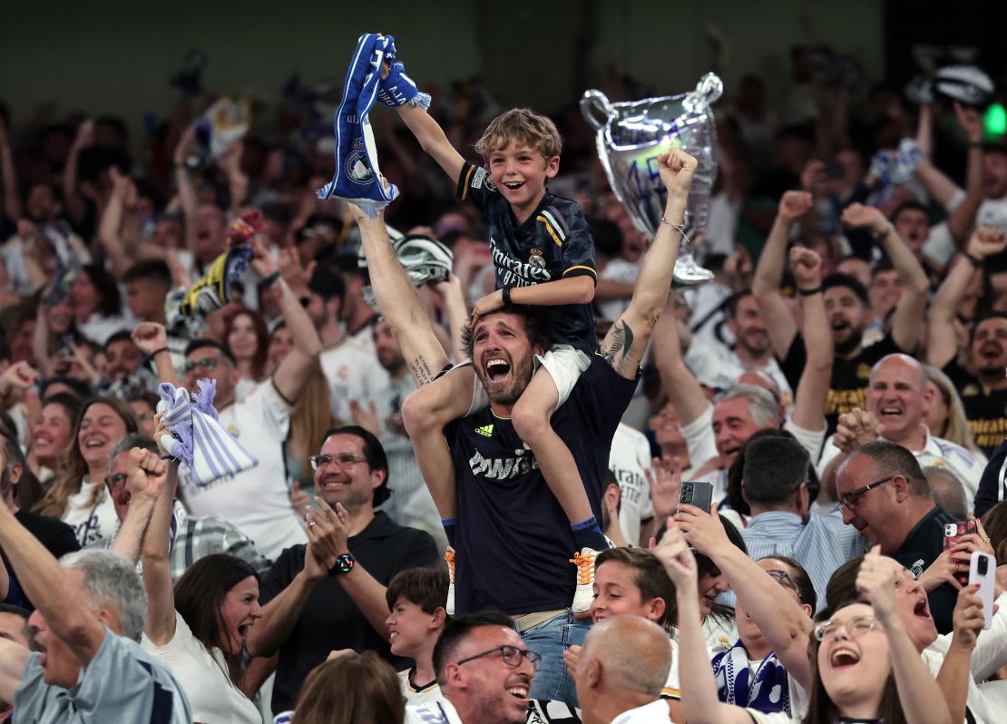 Real Madrid fans celebrate during the Champions League final against Borussia Dortmund.