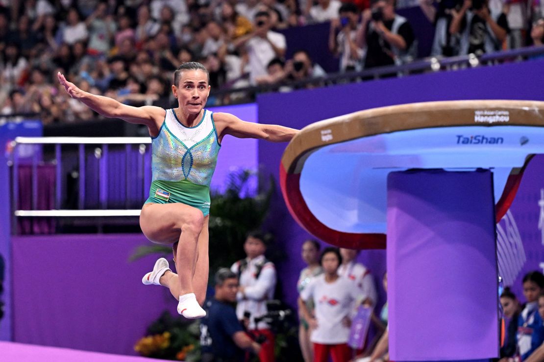 Chusovitina competes in the vault event at the 2022 Asian Games in Hangzhou, China.