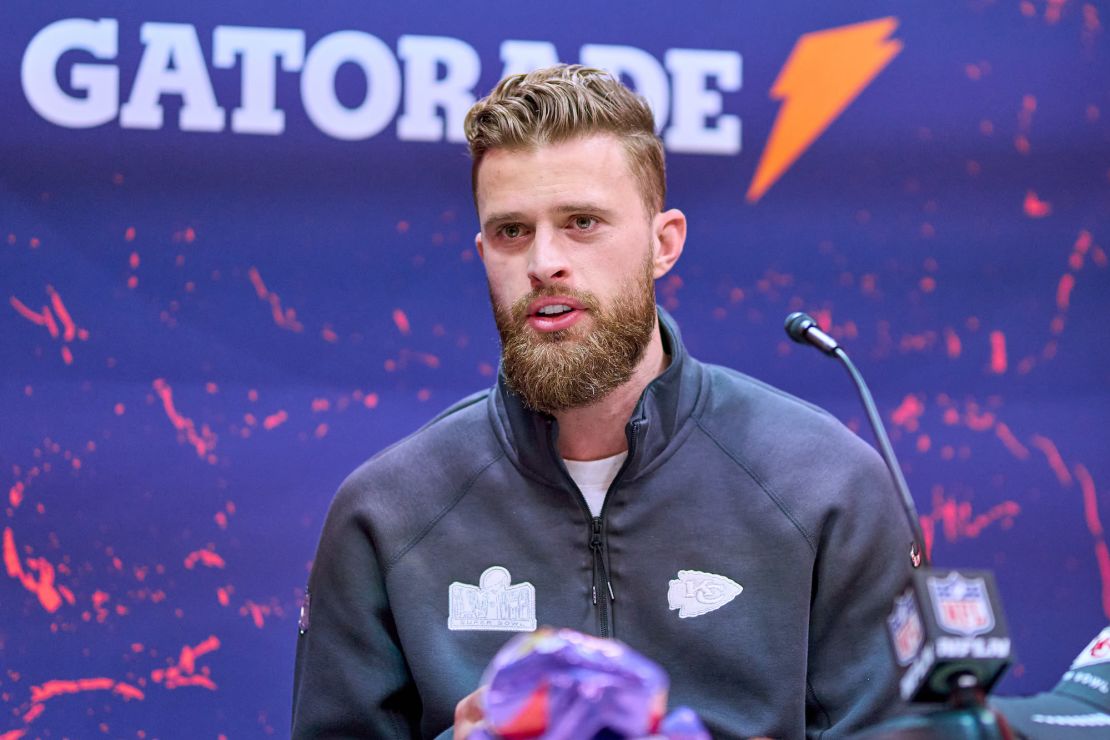 Harrison Butker of the Kansas City Chiefs speaks to the media ahead of Super Bowl LVIII on February 5, 2024, in Las Vegas.