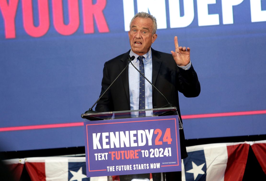 Independent presidential candidate Kennedy speaks during a campaign event where he announced Nicole Shanahan as his VP pick on March 26, 2024.