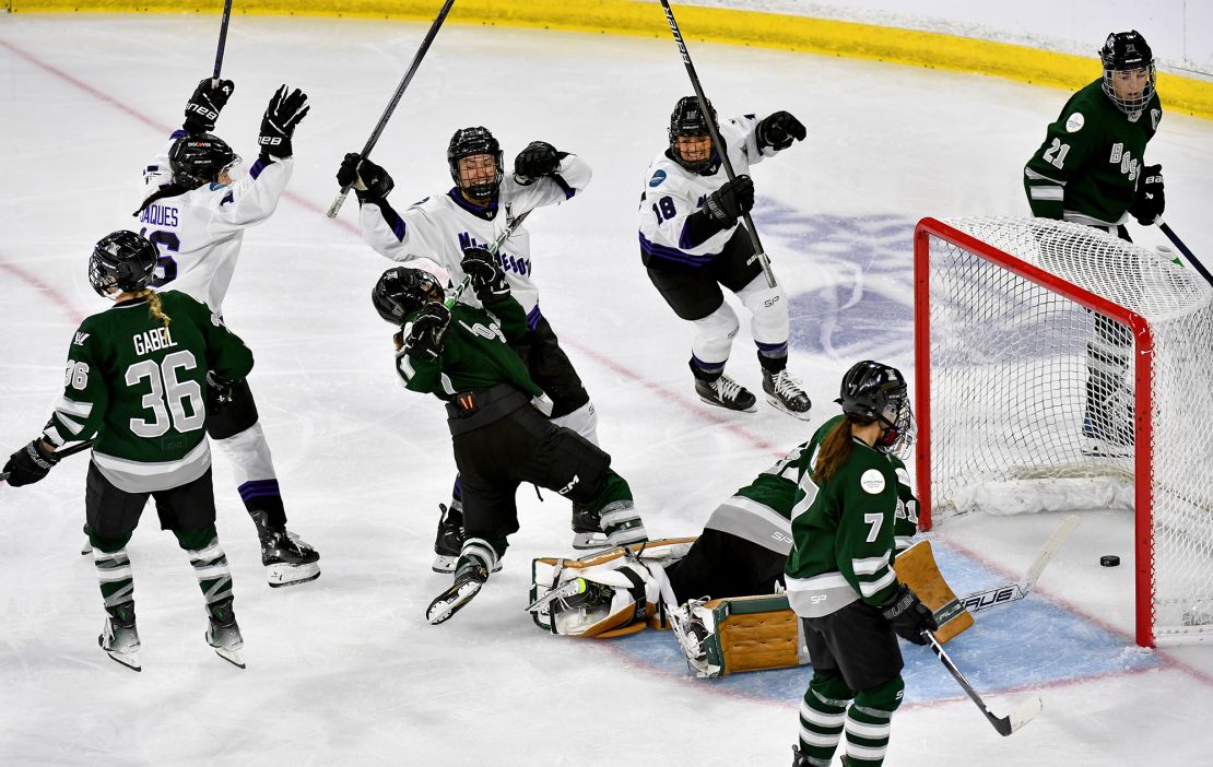 Liz Schepers #21 of Minnesota celebrates her goal against Boston in the second period during Game Five of the PWHL Final on May 29.