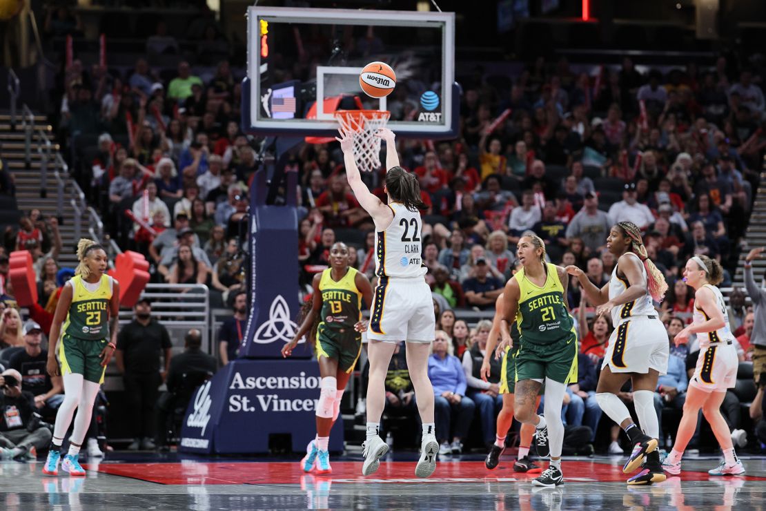 Clark shoots the ball during the fourth quarter against the Storm.