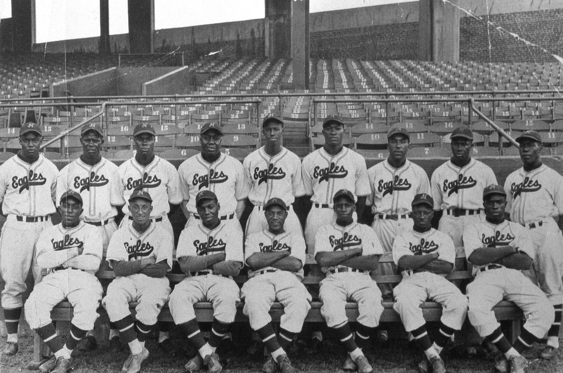 The Negro League's Newark Eagles pose at home in Ruppert Stadium for a team portrait in 1939. Monte Irvin is in the back row, far left, and Mule Suttles in the middle of the back row.