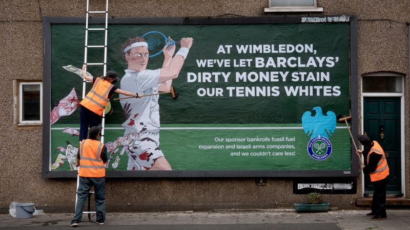 Ad protests target Wimbledon’s ‘strawberries and cream’ image over event’s ties with Barclays